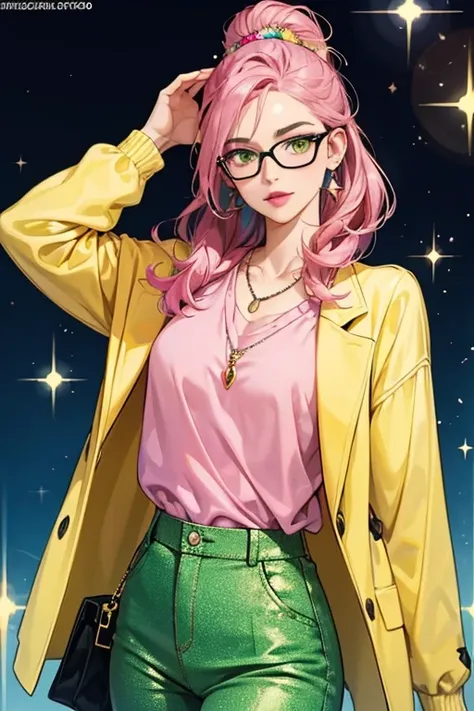 She is a pink  with lipstick, glasses, dark blue hair, yellow shirt and green pants, and a spike necklace. SPARKLE; GLITTER