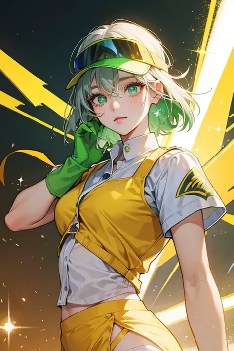 she has a visor on her eyes with green pupils in their place, and wears a white shirt with a thunder on it, as well as yellow gloves and red undergarments. SPARKLE; GLITTER