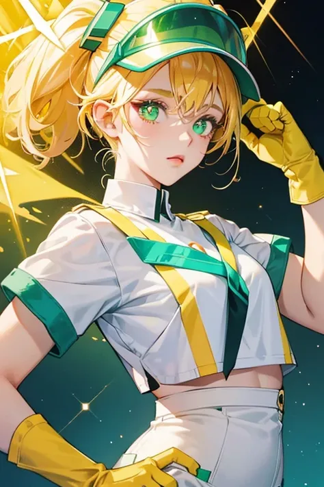 she has a visor on her eyes with green pupils in their place, and wears a white shirt with a thunder on it, as well as yellow gloves and red undergarments. SPARKLE; GLITTER