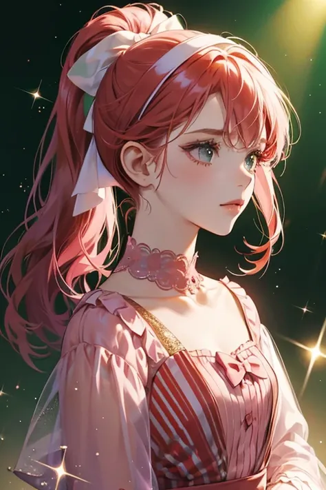 She is green, and has red hair that is tied into a ponytail. She wears a light pink and dark pink dress, has black eyes, and wears a light pink bow on her head. SPARKLE; GLITTER