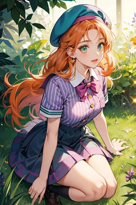 She is a lavender-colored  with pink striped arms and legs. She has orange hair and large eyes. She wears a dark green girl scout uniform consisting of a beret, a dark green shirt and skirt, and brown shoes. SPARKLE; GLITTER