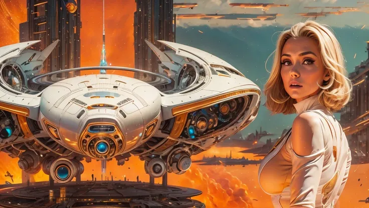 arafed image of a white woman in a futuristic suit with a spaceship in the background, movie art, in front of an orange background, inspired by Robert McGinnis, female protagonist, megastructure in the background, portrait of an ai astronaut, astronauts, a...