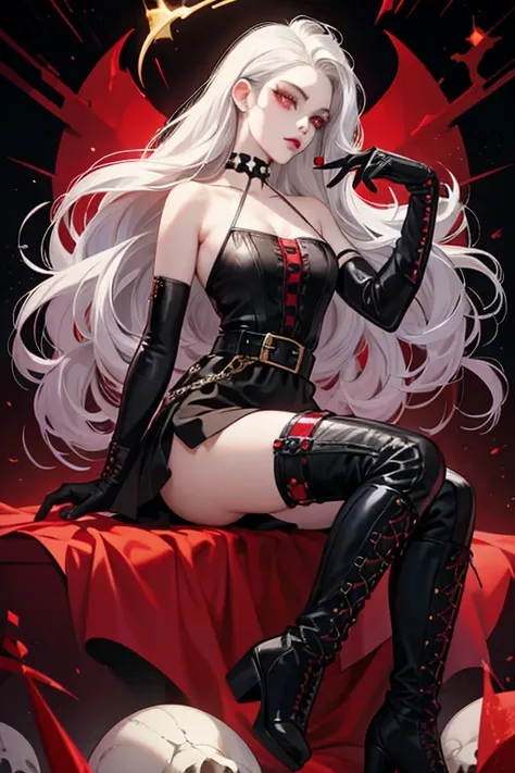 The goth  resembles Pearl, except her hair is spikier, there is a gold ring piercing on her blowhole, and she wears black lipstick and black eyeliner. She also wears a red dress with a skull on it, a spiked choker, gloves, a belt, and boots, which are all ...