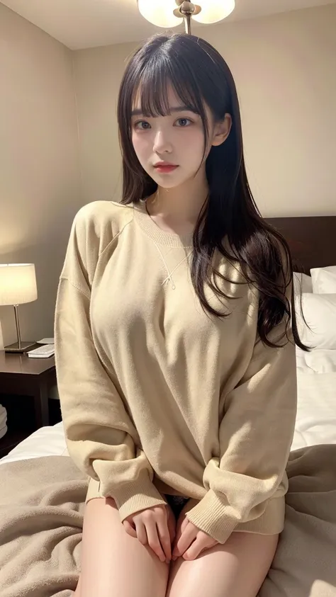 muste piece, best quality, illustration, Super detailed, fine details, High resolution, 8K,wall paper, perfect dynamic composition,(Details High quality, realistic depiction of eyes:1.3), (Fashionable、Beige oversized sweatshirt、long-sleeve), ponytail、Lying...