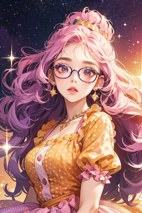 she has glasses,  lavender puffy hair, and wears an orange dress that has light green polka dots with pink lipstick. SPARKLE; GLITTER