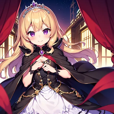 (kawaii),(best quality),(ultra detailed), upper body,(rococo style),(long train dark violet cape:1.15), very long cape,(long train dark violet ball gown with flower decorations), a girl is wearing a cape over her gown, 1 little princess, tiara, smile, smal...