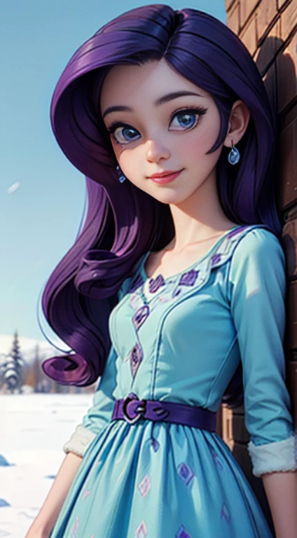 ((best quality)), ((highly detailed)), masterpiece, (detailed eyes, deep eyes), (1girl), dynamic angle, cowboy shot, mlprarity, woman, smile, looking at viewer, ((bright purple hair)), ((blue eyes)), wearing a snow white dress, elegant pose