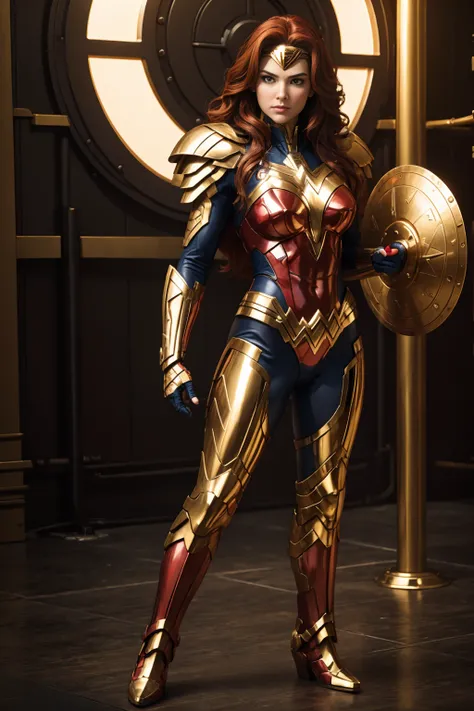 (((full body photo))) Wonder Woman (best quality,ultra-detailed,realistic:1.37),(studio lighting,HDR,vivid colors,physically-based rendering),(portrait),red-haired warrior with yellow eyes wearing a black and gold Superman armor,standing tall with feet on ...