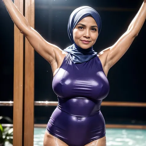 Highest resolution, no blur, highest quality zoom out,realistic, full body pose in frame, sweaty,shiny, wet, standing pose, raise arms exposing armpit,busty gigantic dropy breasts,fair malay arab mature ,beautiful 60 years old, wearing mini string singlet,...