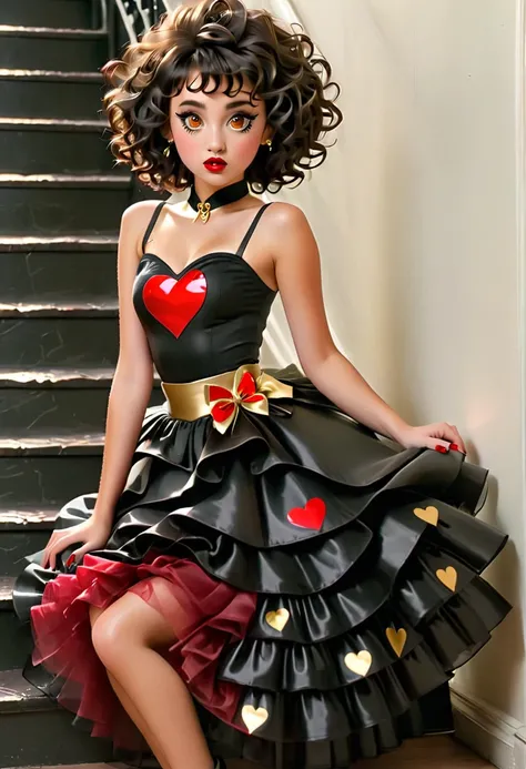 ((Sitting on the stairs)) I a girl with ((small brown shiny eyes)) ((thick  Black eyelashes)) ((short curly balck hair)) ((curly bangs falling on one side)) burgundy lips, Black bodice with black puffy bubble skirt attached. The skirt and bodice is covered...