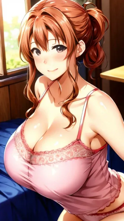 anime、woman、40歳woman、Mother of one 、Big Breasts、Cleavage、Red cheeks、Uplifting、Adult、sexy、Light pink babydoll camisole、Panties、No bra、Staring at the audience、Ask for an audience、Very smile