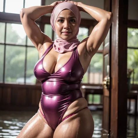 Highest resolution, no blur, highest quality zoom out,realistic, full body pose in frame, sweaty,shiny, wet, standing pose, raise arms exposing armpit,busty large gigantic dropy breasts,fair malay arab mature ,beautiful 60 years old, wearing mini string si...