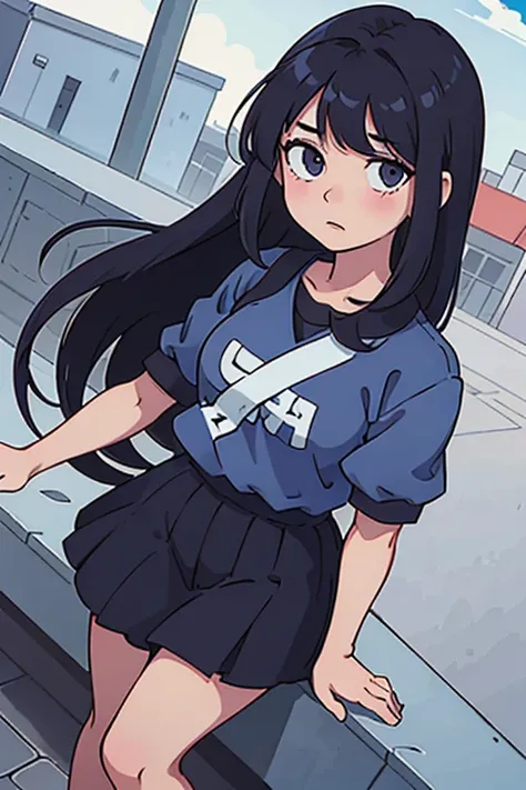 (mejor calidad:0.8) perfect anime illustration, una bonita, Mujer inexpresiva con cabello negro  medio largo y ondulado en el patio de la escuela , usando un uniforme de deportes azul con una franja roja y una blanca a los lados