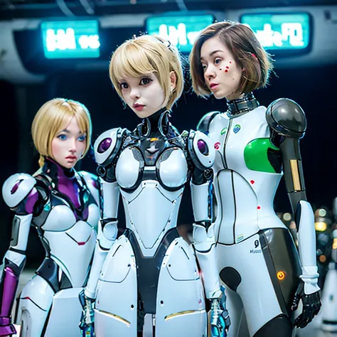 Multiple robot women, 
 They all have perfect human female faces..,
 Everything except the face is a machine..,
 Not everyone is dressed,
 brown hair,
 Wavy Hair,
 Hazel Eyes,
 Very detailed,
 smile,
 Everything except the face is a machine..,
 They all ha...