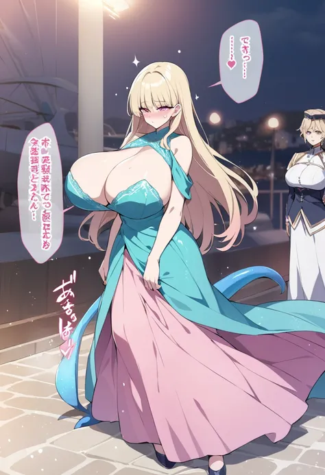 Marina, 18 years old, long light blonde hair, coral pink eyes, huge breasts, long dress with a turquoise tail with glitter, walking slowly singing with her siren voice with a seductive look so that the prince is unconscious.hentai