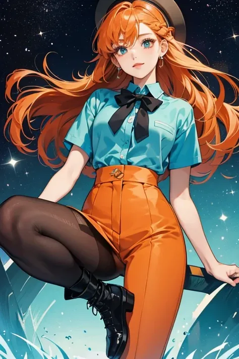 She is a  pale orange with dark orange lips and braided dark orange hair with a teal bow tie. She wears an aquamarine shirt with a teal square design, dark teal pants and purple booties. SPARKLE; GLITTER