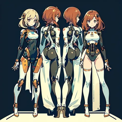 Multiple robot women, 
 They all have perfect human female faces..,
 Everything except the face is a machine..,
 Not everyone is dressed,
 brown hair,
 Wavy Hair,
 Hazel Eyes,
 Very detailed,
 smile,
 Everything except the face is a machine..,
 They all ha...