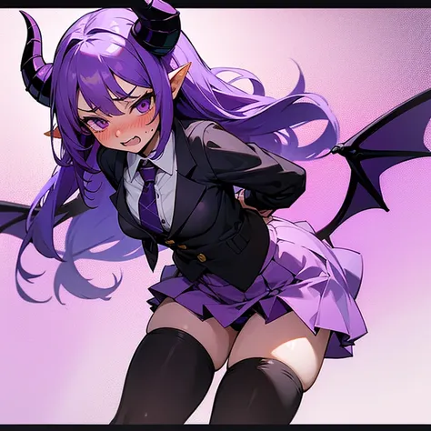 Young succubus. Mini skirt. Horns. No wings. Shy. Blush. Teenage. Purple hair. Skirt flip. Purple panties. Embarrassed. D cup.