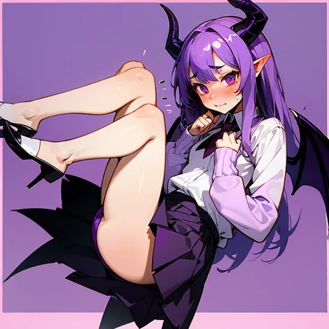 Young succubus. Mini skirt. Horns. No wings. Shy. Blush. Teenage. Purple hair. Skirt flip. Purple panties. Embarrassed. D cup. Skirt up. Panties showing