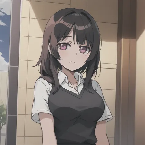 (mejor calidad:0.8) perfect anime illustration, una bonita, Mujer inexpresiva con cabello negro  medio largo y ondulado y  suelto, en el patio de la escuela , usando una camisa ancha 