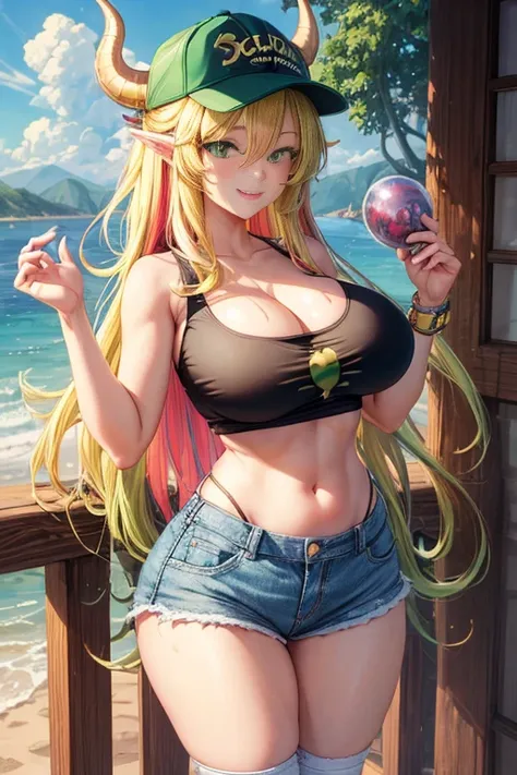 (highest quality:1.2), One girl, (masterpiece:1.2), Ray Tracing, Super detailed,Detailed face, 8k wallpaper, Tight waist, Wide Hips, smile, Outdoor, Lucoa Dragon Maid_NDV, One girl, Multicolored Hair, Blonde, Huge breasts, Long Hair, horn, Denim shorts, Ta...