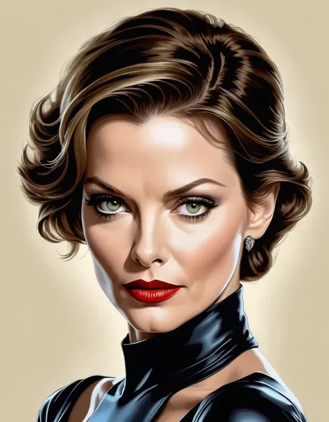 1 woman, [Anne Hathaway:Michelle Pfeiffer:0.4] as Selina Kyle, exudes beauty with her radiant, smooth skin. Her strong, serious demeanor and confident stance convey an air of convincing allure. This captivating portrait is rendered in 4k high-resolution, e...