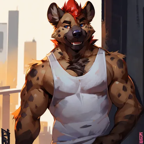 Hyena, anthro, in tank top, white tank top, white shirt, By mystikfox61