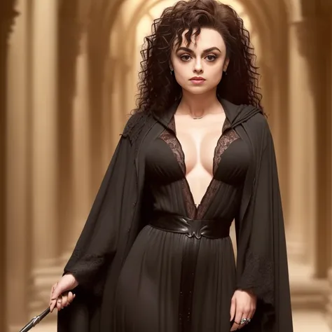 masterpiece, best quality, detailed face, bellatrix lestrange, cleavage, sexy long flowing black robes, perfect hands, make-up, ...