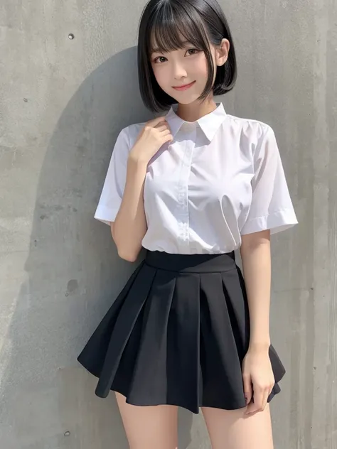 ((masterpiece)), ((best quality)), (ultra-detailed), ((kawaii)), cute, (lovely), realistic, real, full body, school, daytime, a cute girl, 1girl, solo, camisole, beautiful black hair, beautiful black eyes, ((beautiful eyes)), short hair, ribon, smile,mini ...