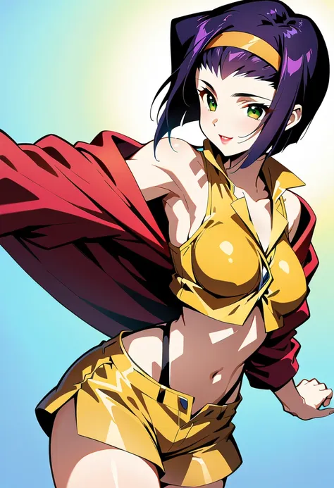 (anime artwork, Anime Style, Studio Anime, Very detailed, up to date, Vibrant, Anime Coloring, High Contrast, masterpiece:1.2, highest quality, Best aesthetics), Cowboy Bebop_Artistic, Faye Valentine, 23 year old woman, (Purple Hair, short hair, Green Eyes...