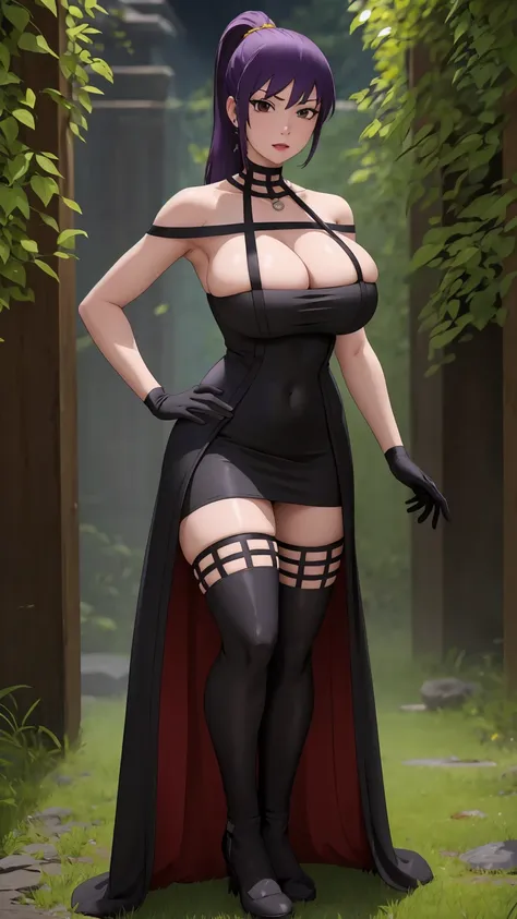 masterpiece, best quality, extremely detail 8k cg, high resolution, 1girl, yuugao, solo, purple hair, long hair, sidelocks, ponytail, brown eyes, perfect eyes, slim body, huge breasts, bursting breasts, standing, black dress, black thighhighs, black gloves...