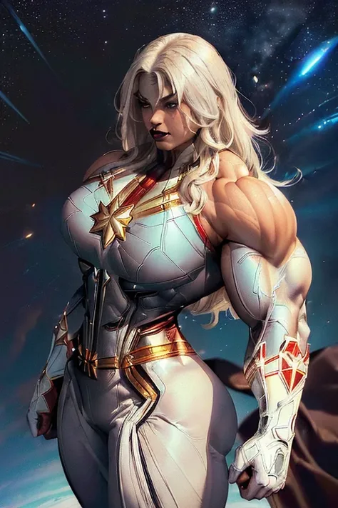 ((((Massive, beautiful, buff, light brown skinned muscular woman with white hair, black lipstick, ginormous bulky muscles, flying and wearing a white captain marvel suit with pants)))), close view, (massive muscle), (massive biceps), ((long straight  hair)...