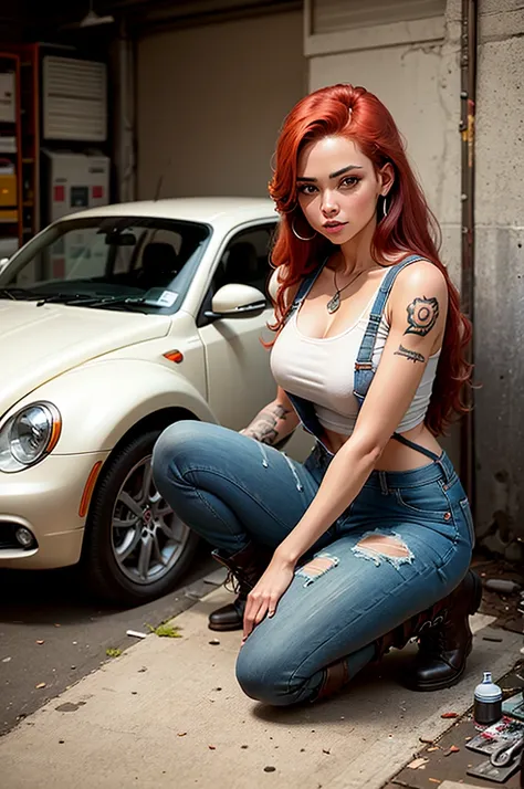 [Masterpiece, best quality],((Brazilian woman, sexy, tattooed, red hair, wearing a torn denim suspender, long hair, fixing a car in a garage)),(Red Beetle with open engine, car garage mechanic), tools, table on the right, boxes, beer, tires on the floor, w...