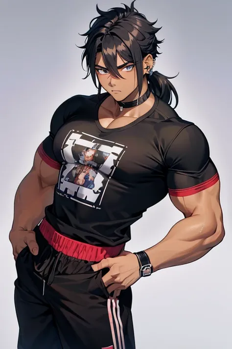 18 year old male aesthetic bodybuilder with a mullet hairstyle, pelo color negro, piercing de ceja, piercing de oreja, camiseta sin mangas, pantalon corto, descalzo, moreno, ojos azules, mientras se luce en su habitacion
