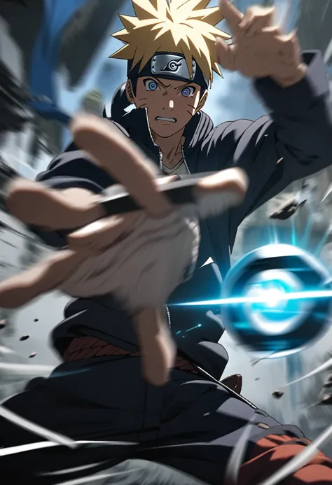 Naruto create shuriken - rasengan from his hand, motion blur, a detailed and cinematic pose