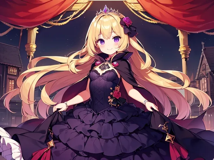 (kawaii),(best quality),(ultra detailed), upper body,(rococo style),(long train dark violet cape:1.15), very long cape,(long train dark violet ball gown with flower decorations), a girl is wearing a cape over her gown, 1 little princess, tiara, smile, smal...