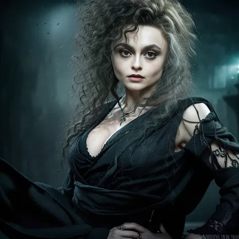 masterpiece, best quality, detailed face, bellatrix lestrange, cleavage, sexy long flowing black robes, perfect hands, make-up, ...