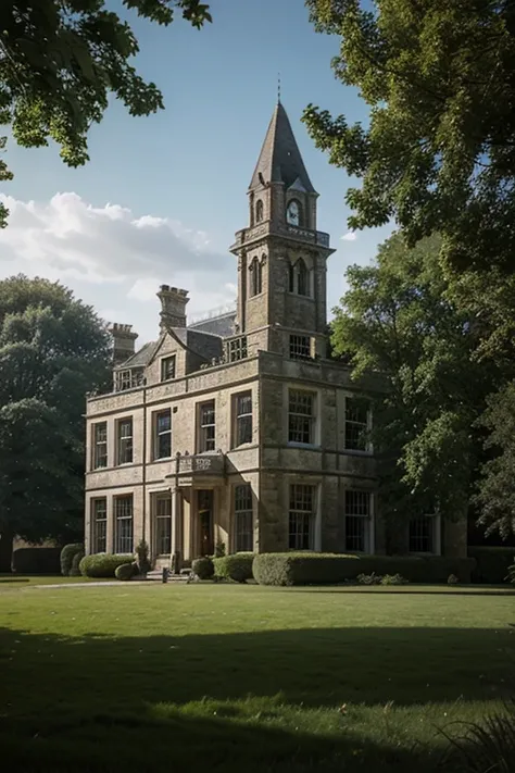 Create an exterior image of Baskerville Hall as introduced in The Hound of The Baskervilles