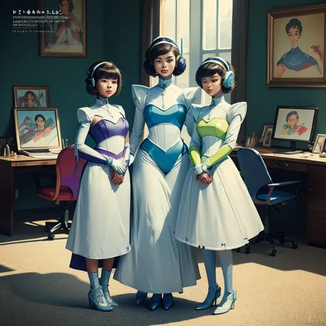 A robot mother and two teenage robot daughters on a magazine cover, Everyone has a pretty face and remains a cute human being., All 2WD girls, Bright colors, High resolution, Realistic portrayal, ビクトリア朝Mr.式, Looking forward, Bonds of love, Mr.々Frame with a...