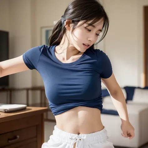 A beautiful young Japanese woman dances wearing a plain navy blue T-shirt and white shorts. Focal length 100mmf/2.8, spring morning, sunny, living room on the upper floor of a high-rise apartment, well-shaped face, profile, serious expression, toned body, ...