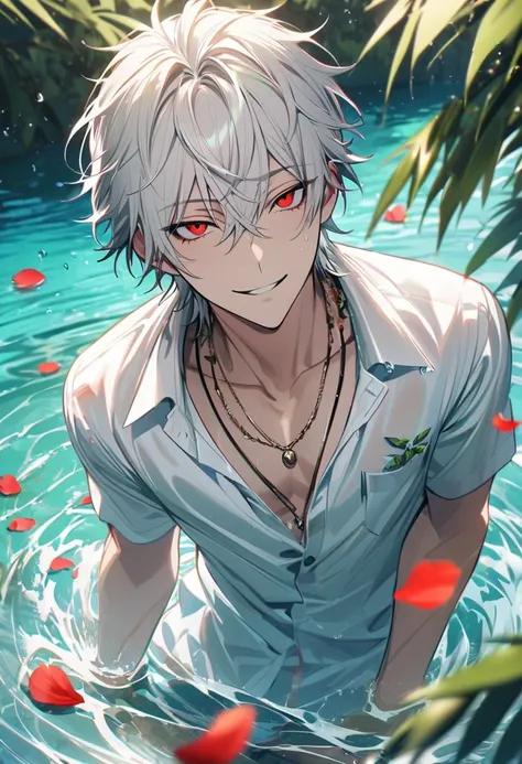 Ultra detailed, Highres, absurdres, Aohitsugi Samatoki, white hair, red eyes, white dress shirt, Hypnosis Mic, necklace, green leaves, summer, petals, water, very handsome, 1 man, very detailed face and eyes, smirking,