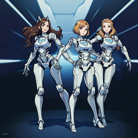 Multiple robot women, They all have perfect human female faces.., Everything except the face is a machine.., Not everyone is dressed, brown hair, Wavy Hair, Hazel Eyes, Very detailed, smile, Everything except the face is a machine.., They all have mechanic...