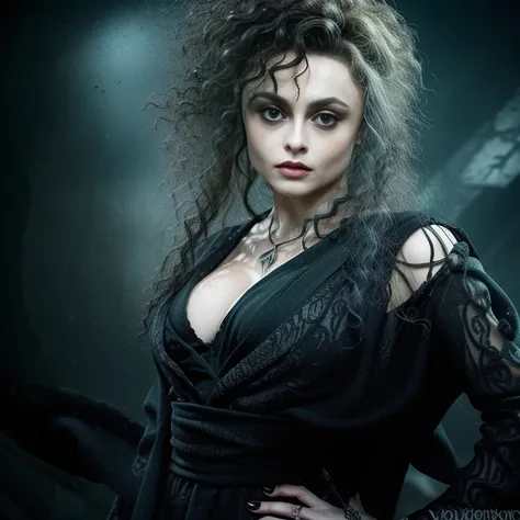 masterpiece, best quality, detailed face, bellatrix lestrange, cleavage, sexy long flowing black robes, perfect hands, make-up, ...