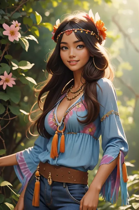 Foto hiperrealista en primer plano de Kim Joo from Korea,  dressed in a tie-dye blue blue blouse paired with bell-bottom jeans and fringe accessories. She wears a headband or flower crown in her long, flowing hair. The setting is a bohemian-inspired outdoo...