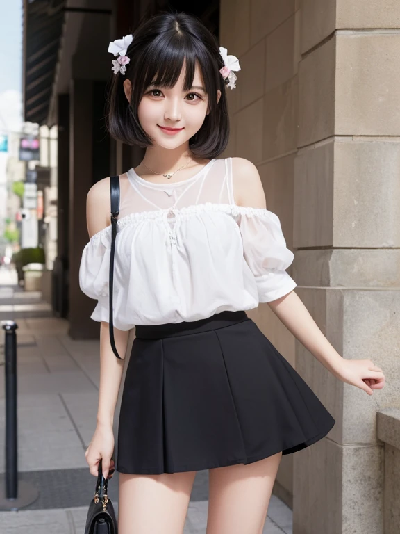 ((masterpiece)), ((best quality)), (ultra-detailed), ((kawaii)), cute, (lovely), realistic, real, full body, In town, daytime, a cute girl, 1girl, solo, camisole ,mini skirt, beautiful black hair, beautiful black eyes, ((beautiful eyes)), short hair, ribon...