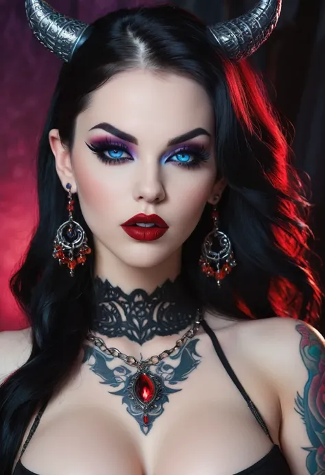 Hyper realistic photo perfect succubus vampire, sexy seductive facial features, tattooed face, smooth snow white skin, thin curved black eyebrows, Black eyeliner, dark black eye shadow, neon blue eyes, crazy eyes, thick black lipstick, curved lips, extreme...