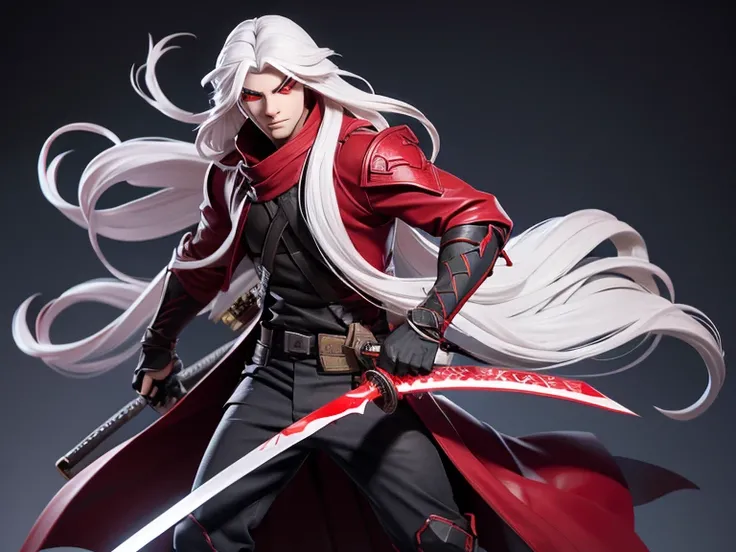 Boy with long white hair red eyes modern demon hunter with a katana in his hands full body