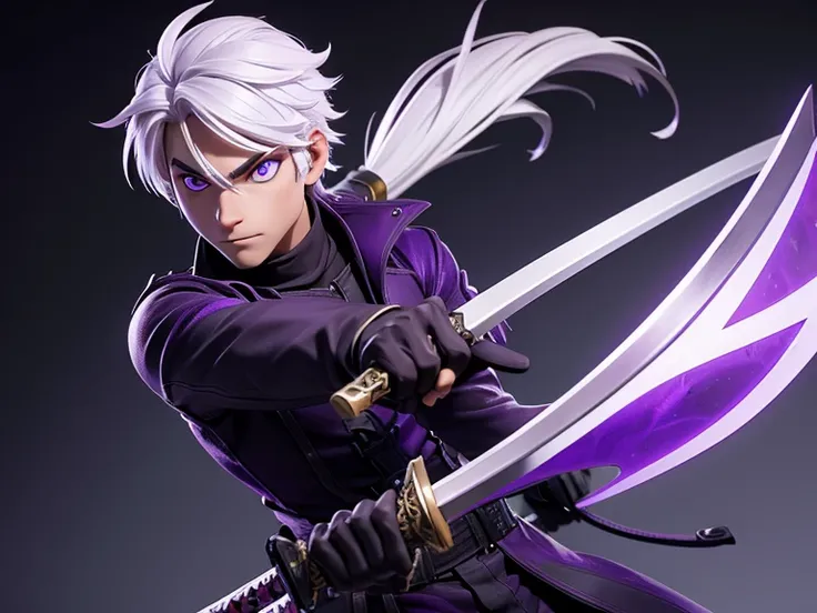 White haired boy purple eyes modern demon hunter with a katana in his hands