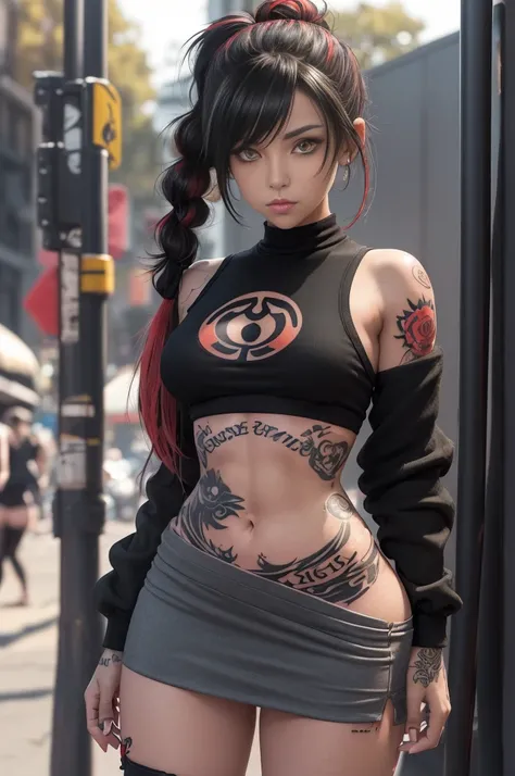 bright eyes, (coral yellow eyes), (black pigtail hair and red highlights:1.3), (messy hair), oversized clothes, ((black croptop, mini skirt)), ((athletic body:1.2)), ((thick ass:1.2)), (covered in large tattoos, tattooed legs:1.2), ((long legs:1.3)), ((sle...