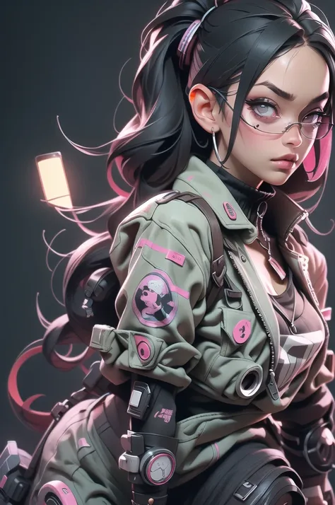 ((Best Quality, best resolution, award-winning portrait, official art)), ((perfect Masterpiece)), ((Realistic)) and ultra-detailed photography of a 1nerdy cyberpunk girl with goth and post apocalyptic colors. She has ((long black hair)), wears a (Harajuku-...